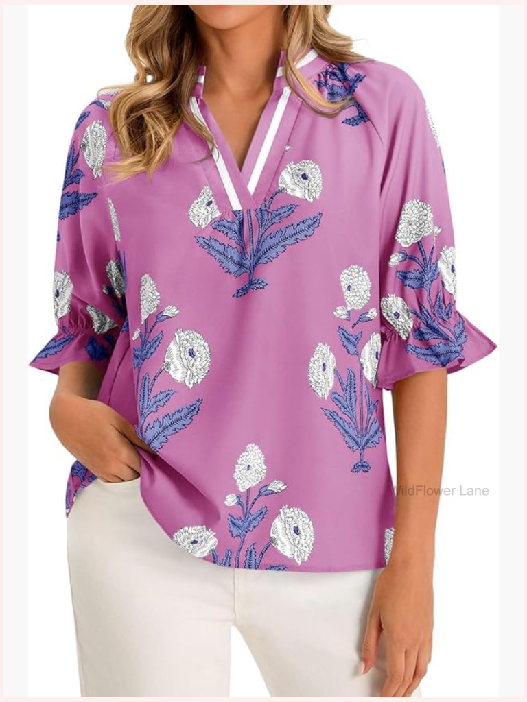 Puff Sleeve V Neck Boho Floral Blouse Dressy Casual Flowy Top